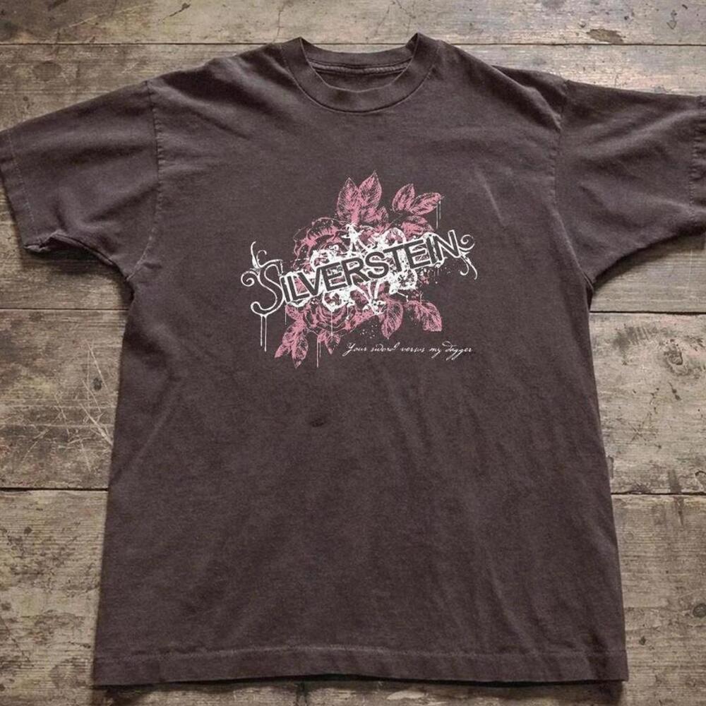 Gildan Men Brown T-Shirt, Silverstein Band Tee With Floral Graphic